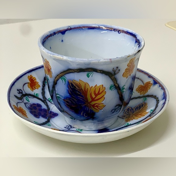 19th Century Vtg Gaudy Welsh Blackberry Pattern Handleless Teacup & Saucer Set - Picture 7 of 15